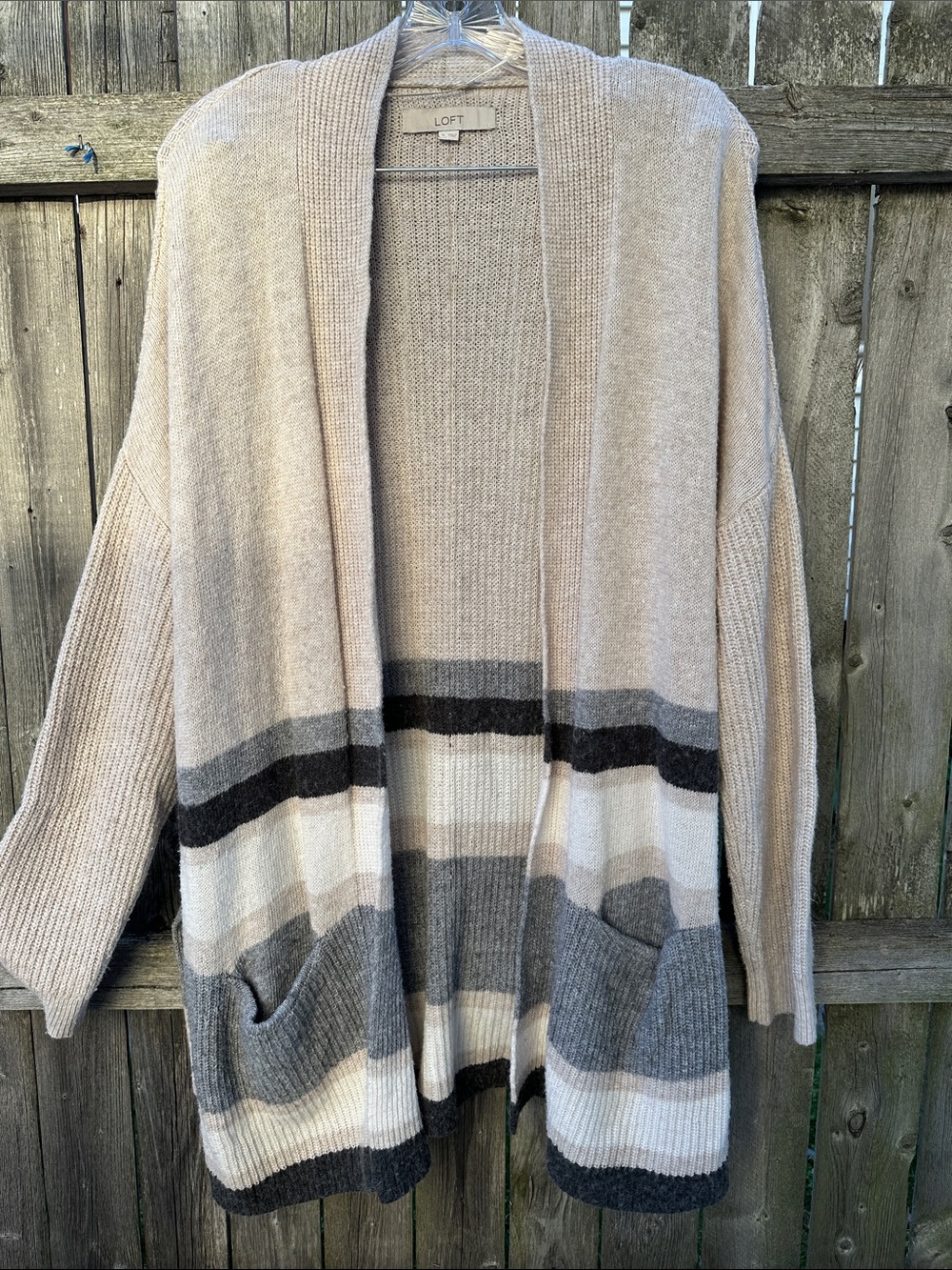LOFT Beige Taupe Open-Front Cardigan with Gray and Cream Stripes